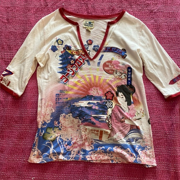 Vintage Y2K Lucky Brand White and Red Graphic Long Sleeve Top Size XL - Picture 6 of 11